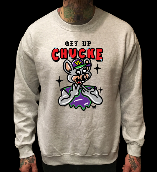 GET UP CHUCK E CHEESE ON GREY CREWNECK SWEATER