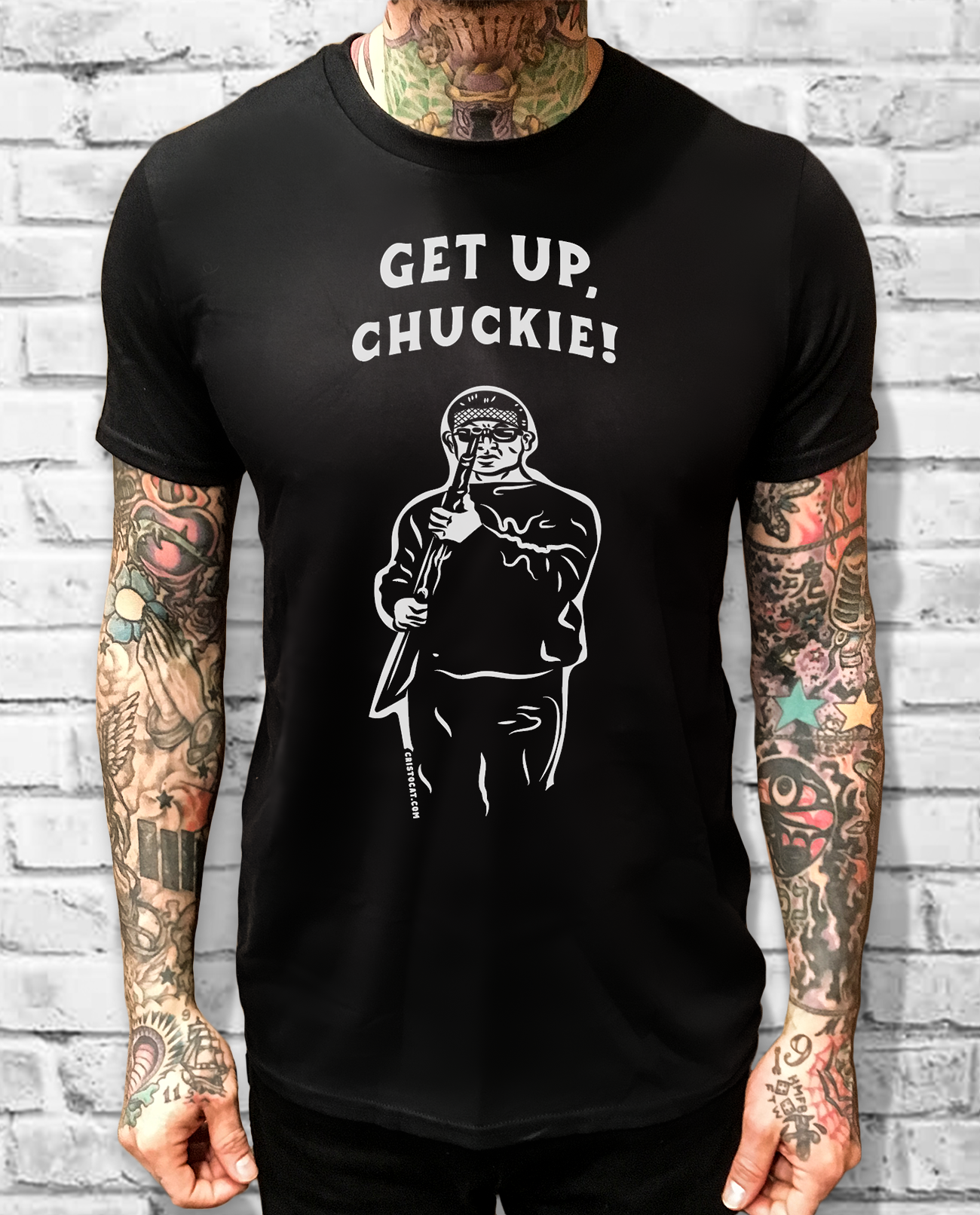 GET UP, CHUCKIE! BLACK TEE - cristocatofficial
