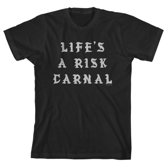 LIFE'S A RISK TEXT BLACK TEE - cristocatofficial