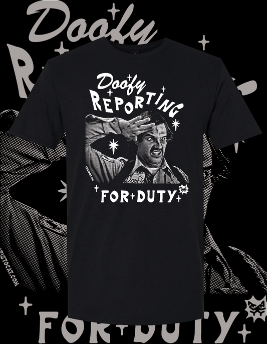 DOOFY REPORTING  BLACK T-SHIRT