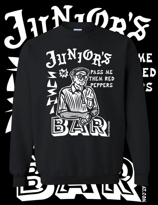 Junior’s sushi bar 
 Black crewneck Sweater