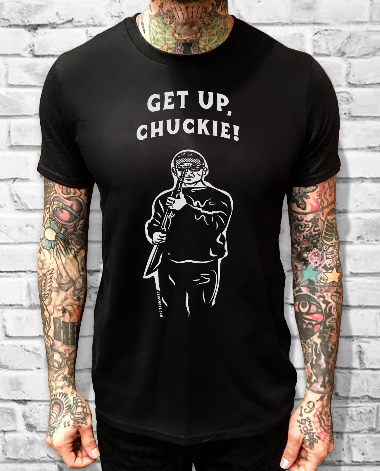 GET UP, CHUCKIE!  BLACK TEE - cristocatofficial