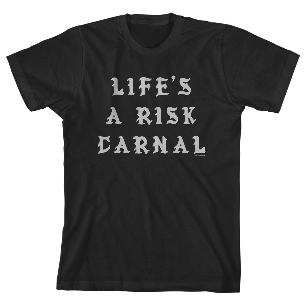 LIFE'S A RISK TEXT BLACK TEE - cristocatofficial