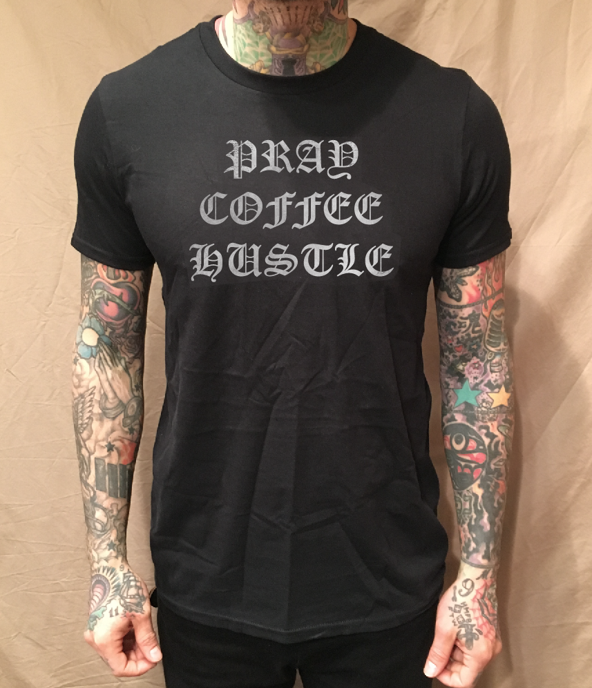 PRAY COFFEE HUSTLE ON BLACK TEE - cristocatofficial