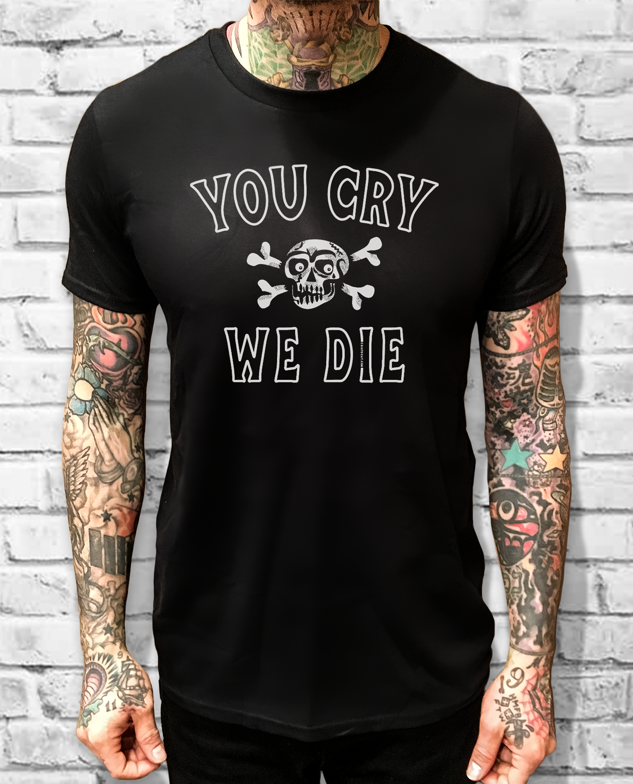 TEXT CROSSBONES YOU CRY WE DIE BLACK TEE - cristocatofficial